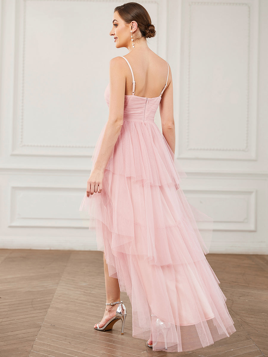 Color=Pink | Spaghetti Straps Multi-Layered Hem Wholesale Bridesmaid Dresses-Pink 2