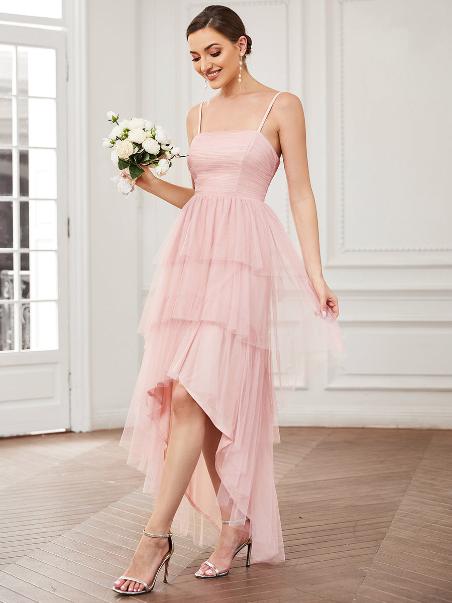 Color=Pink | Spaghetti Straps Multi-Layered Hem Wholesale Bridesmaid Dresses-Pink 3