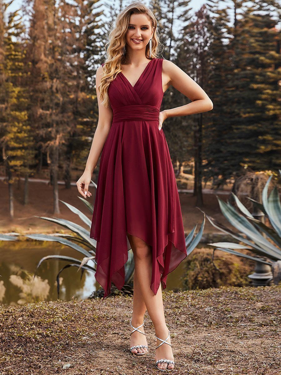 Color=Burgundy | Wholesale Knee Length Chiffon Bridesmaid Dress With Irregular Hem-Burgundy 1