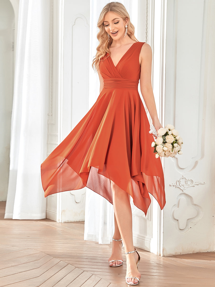Color=Burnt Orange | Sleeveless V Neck Mini Wholesale Chiffon Bridesmaid Dress-Burnt Orange 2