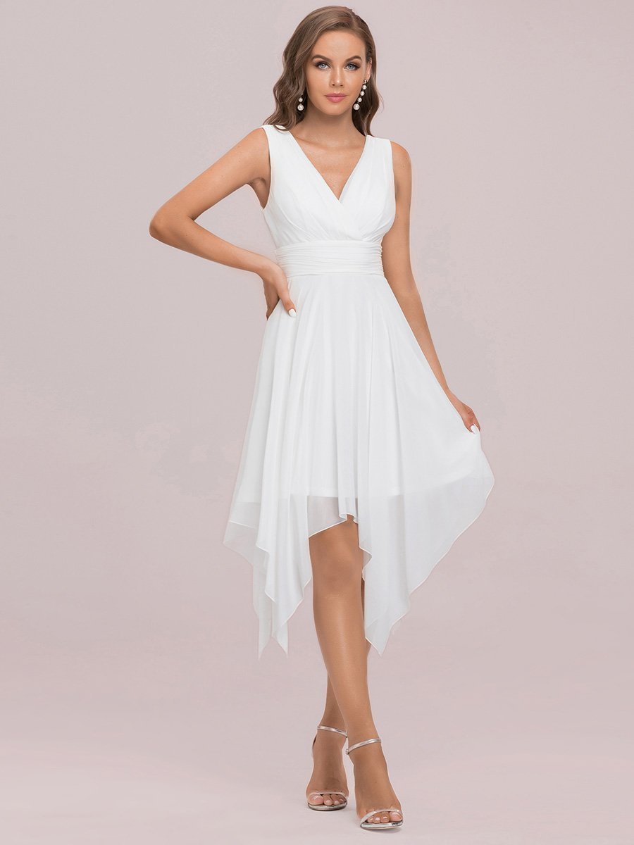 Color=Cream | Wholesale Knee Length Chiffon Bridesmaid Dress With Irregular Hem-Cream 7