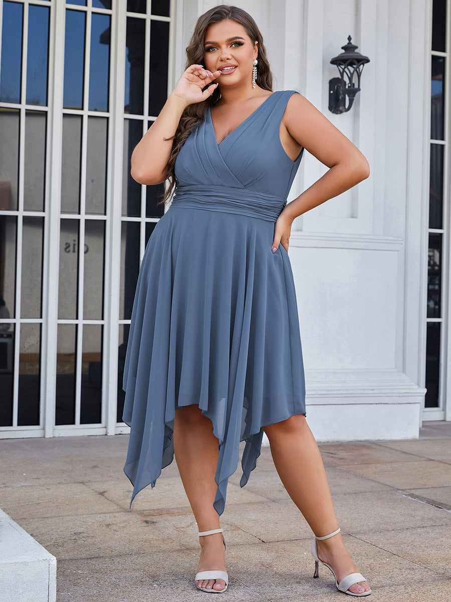 Color=Dusty Blue | Pretty Wholesale Knee Length Chiffon Bridesmaid Dress With Irregular Hem-Dusty Blue 1