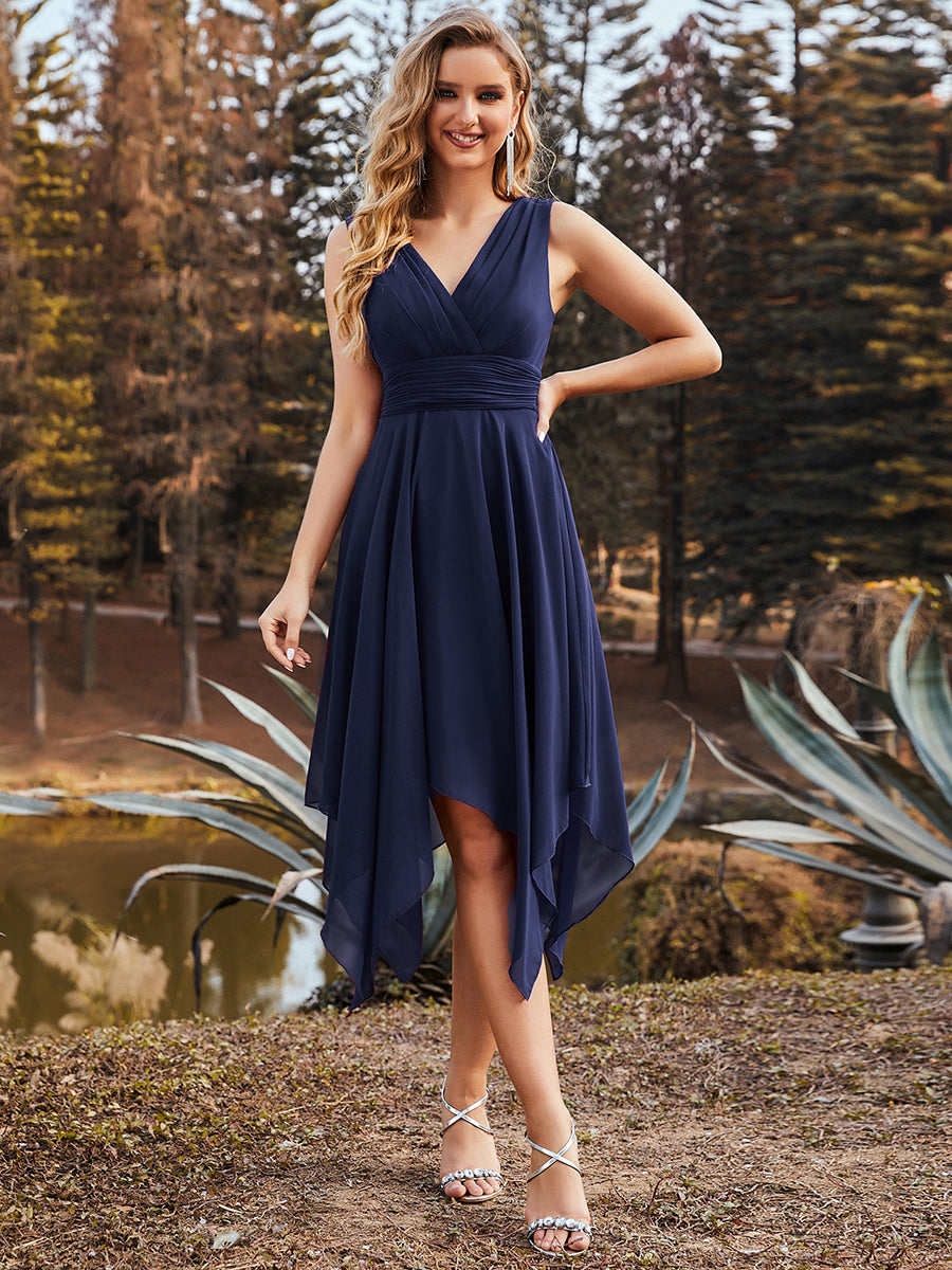 Color=Navy Blue | Sleeveless V Neck Mini Wholesale Chiffon Bridesmaid Dress-Navy Blue 3