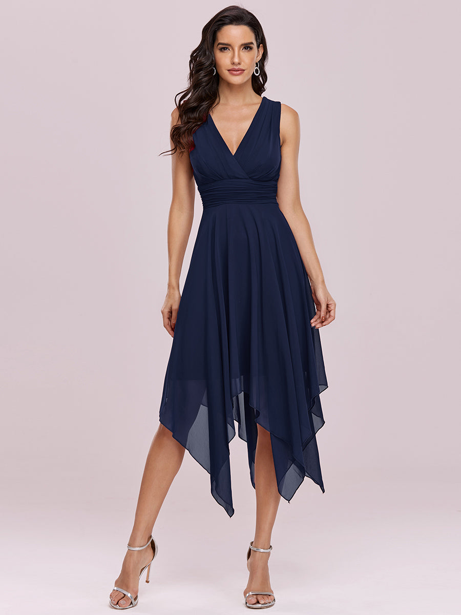 Color=Navy Blue | Wholesale Knee Length Chiffon Bridesmaid Dress With Irregular Hem-Navy Blue 5