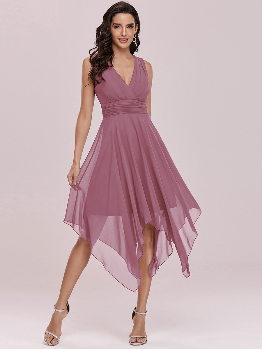 Color=Orchid | Wholesale Knee Length Chiffon Bridesmaid Dress With Irregular Hem-Orchid 3