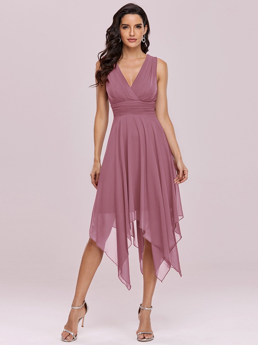 Color=Orchid | Wholesale Knee Length Chiffon Bridesmaid Dress With Irregular Hem-Orchid 1
