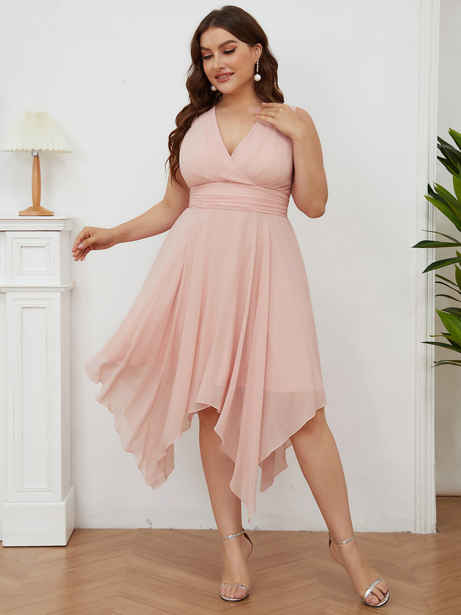 Color=Pink | Pretty Wholesale Knee Length Chiffon Bridesmaid Dress With Irregular Hem-Pink 1