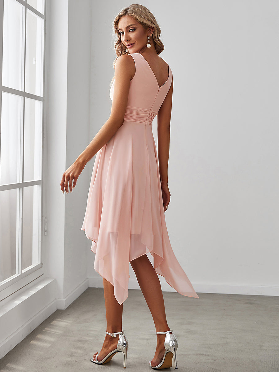 Color=Pink | Sleeveless V Neck Mini Wholesale Chiffon Bridesmaid Dress-Pink 2