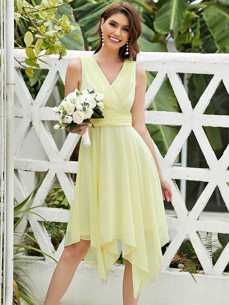 Color=Yellow | Wholesale Knee Length Chiffon Bridesmaid Dress With Irregular Hem-Yellow 1