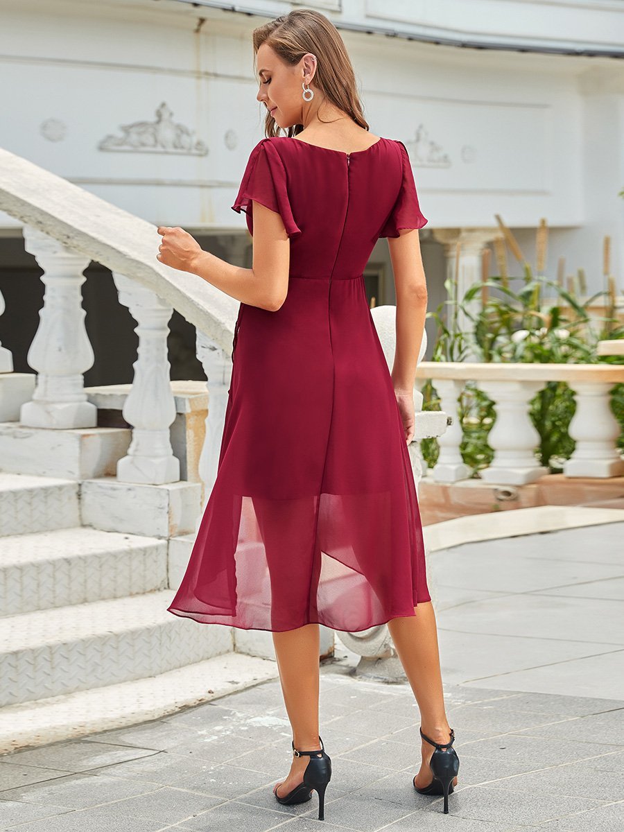 Color=Burgundy | Hot Asymmetrical Hem Pagoda Sleeves Wholesale Bridesmaid Dresses-Burgundy 2