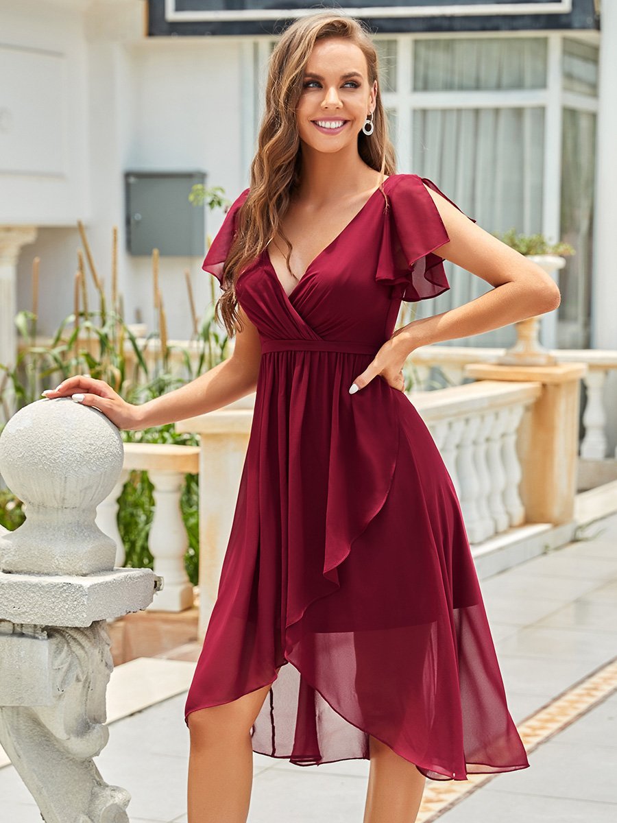 Color=Burgundy | Hot Asymmetrical Hem Pagoda Sleeves Wholesale Bridesmaid Dresses-Burgundy 3