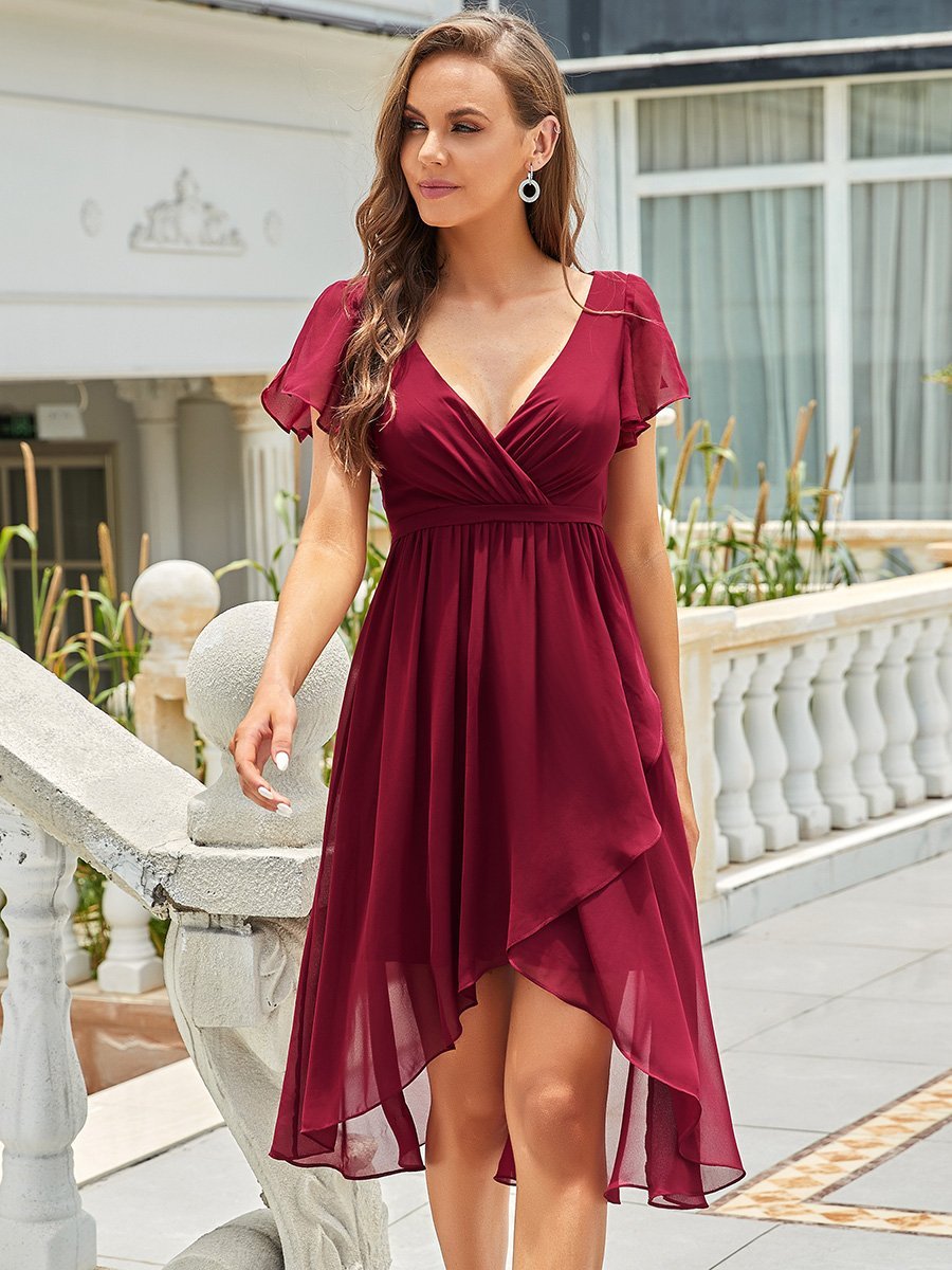 Color=Burgundy | Hot Asymmetrical Hem Pagoda Sleeves Wholesale Bridesmaid Dresses-Burgundy 1