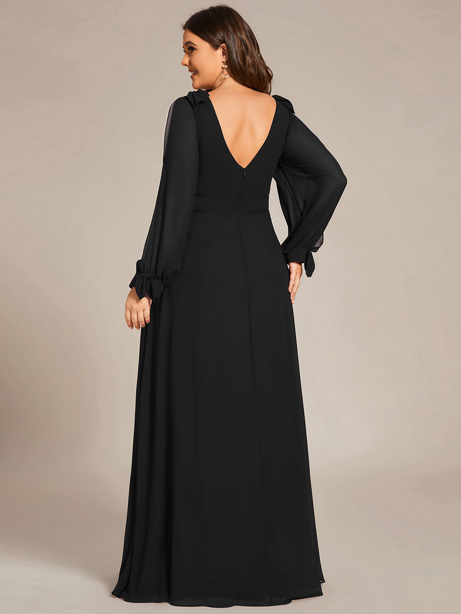 Color=Black  | Long Lantern Sleeves A Line V Neck Wholesale Bridesmaid Dresses-Black 2