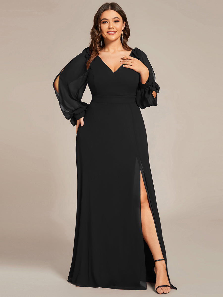 Color=Black  | Long Lantern Sleeves A Line V Neck Wholesale Bridesmaid Dresses-Black 1