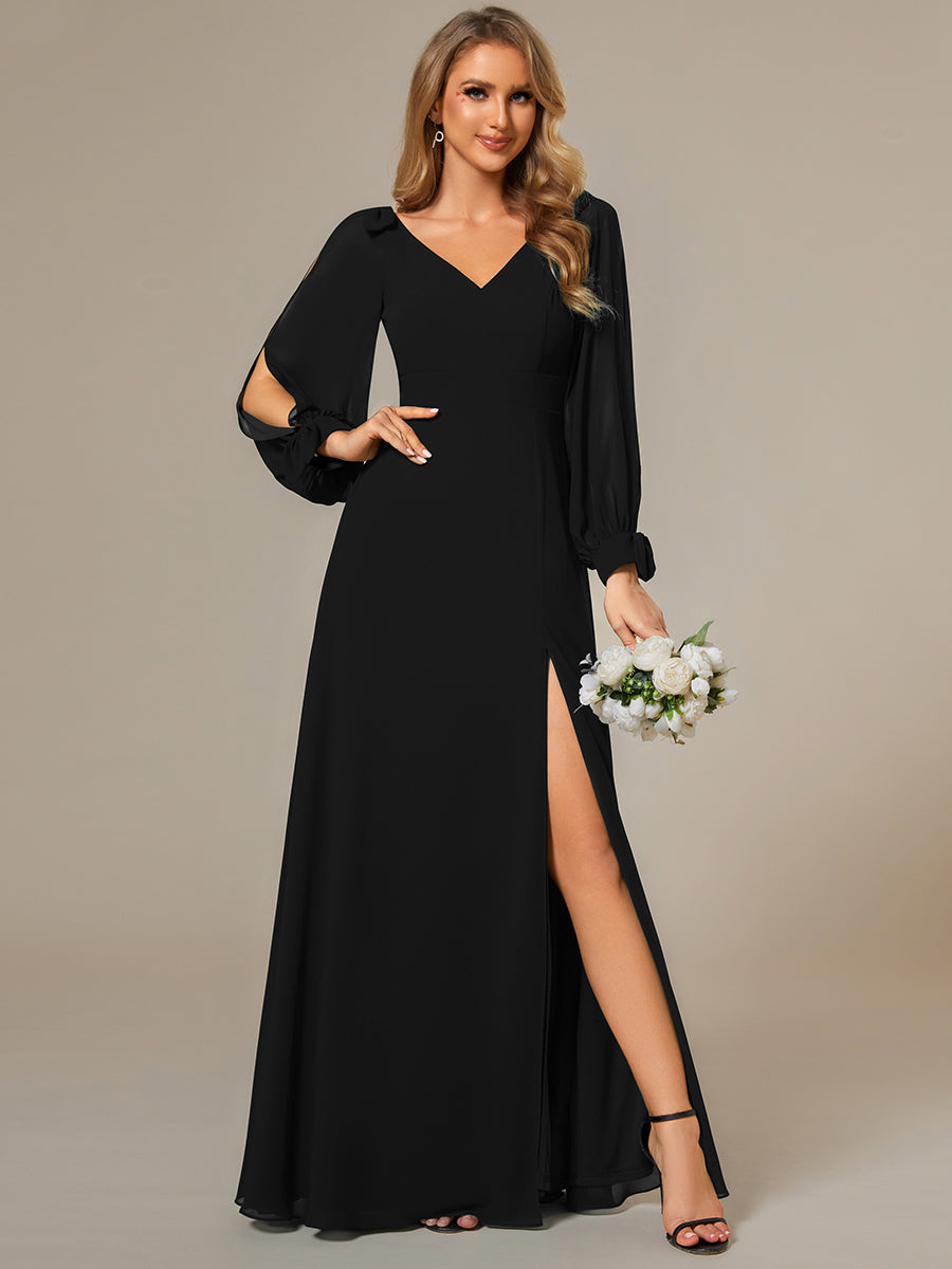 Color=Black  | Long Lantern Sleeves A Line V Neck Wholesale Bridesmaid Dresses-Black 1