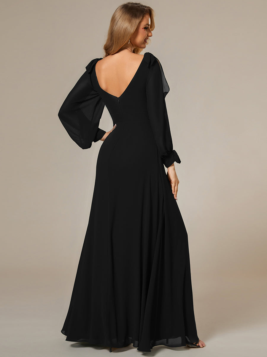 Color=Black  | Long Lantern Sleeves A Line V Neck Wholesale Bridesmaid Dresses-Black 2
