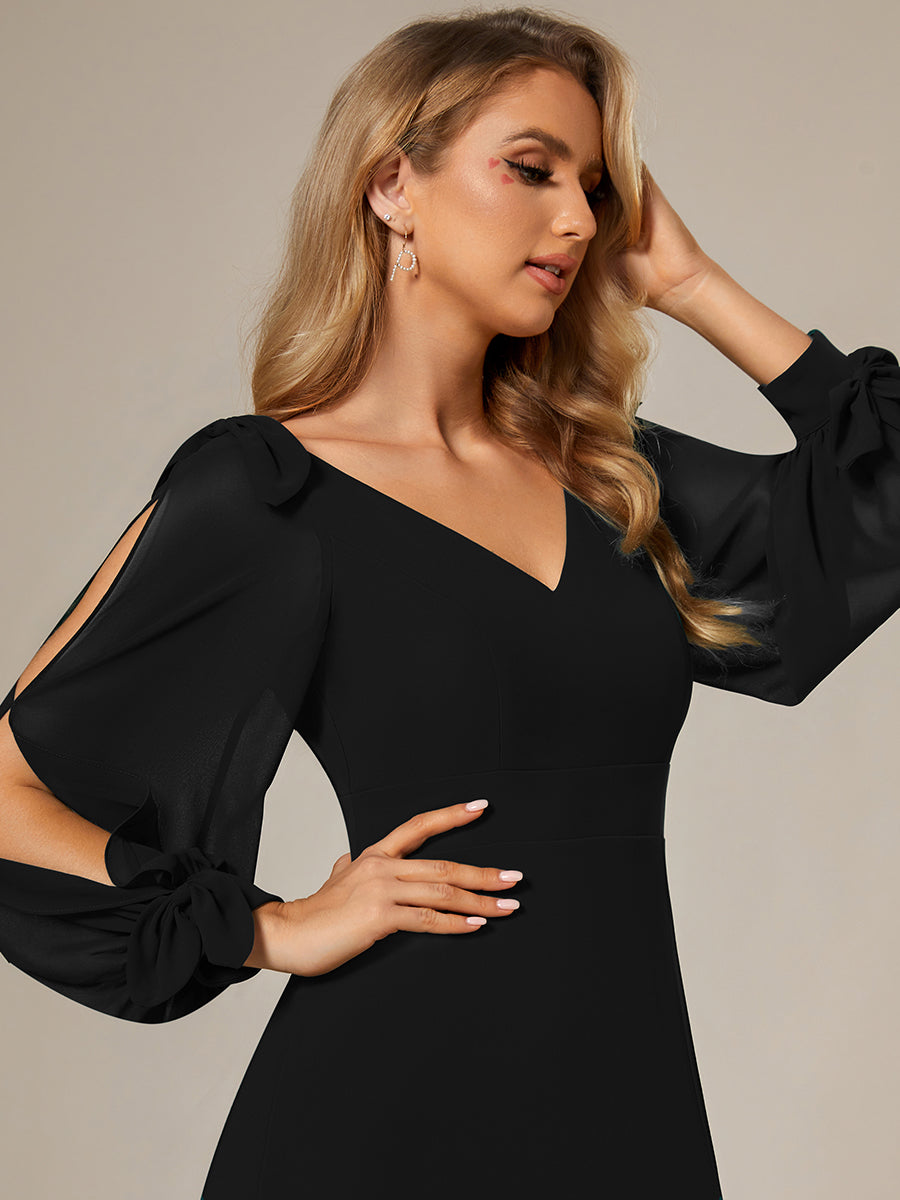 Color=Black  | Long Lantern Sleeves A Line V Neck Wholesale Bridesmaid Dresses-Black 4