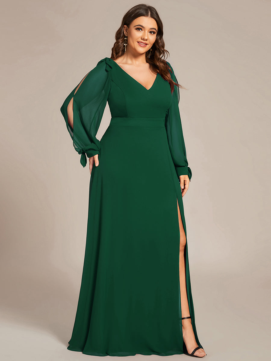 Color=Dark Green  | Long Lantern Sleeves A Line V Neck Wholesale Bridesmaid Dresses-Dark Green 1