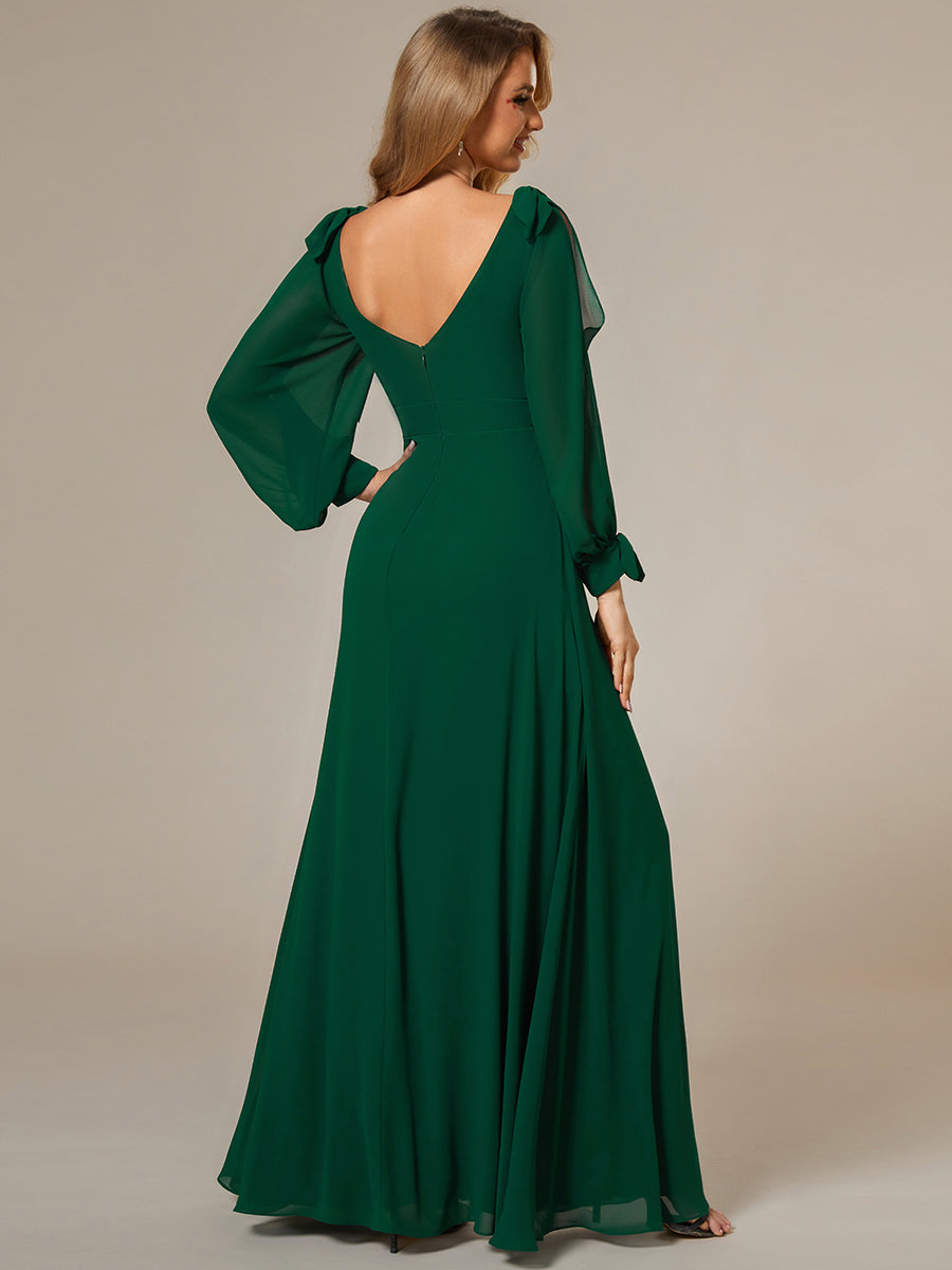 Color=Dark Green  | Long Lantern Sleeves A Line V Neck Wholesale Bridesmaid Dresses-Dark Green 4