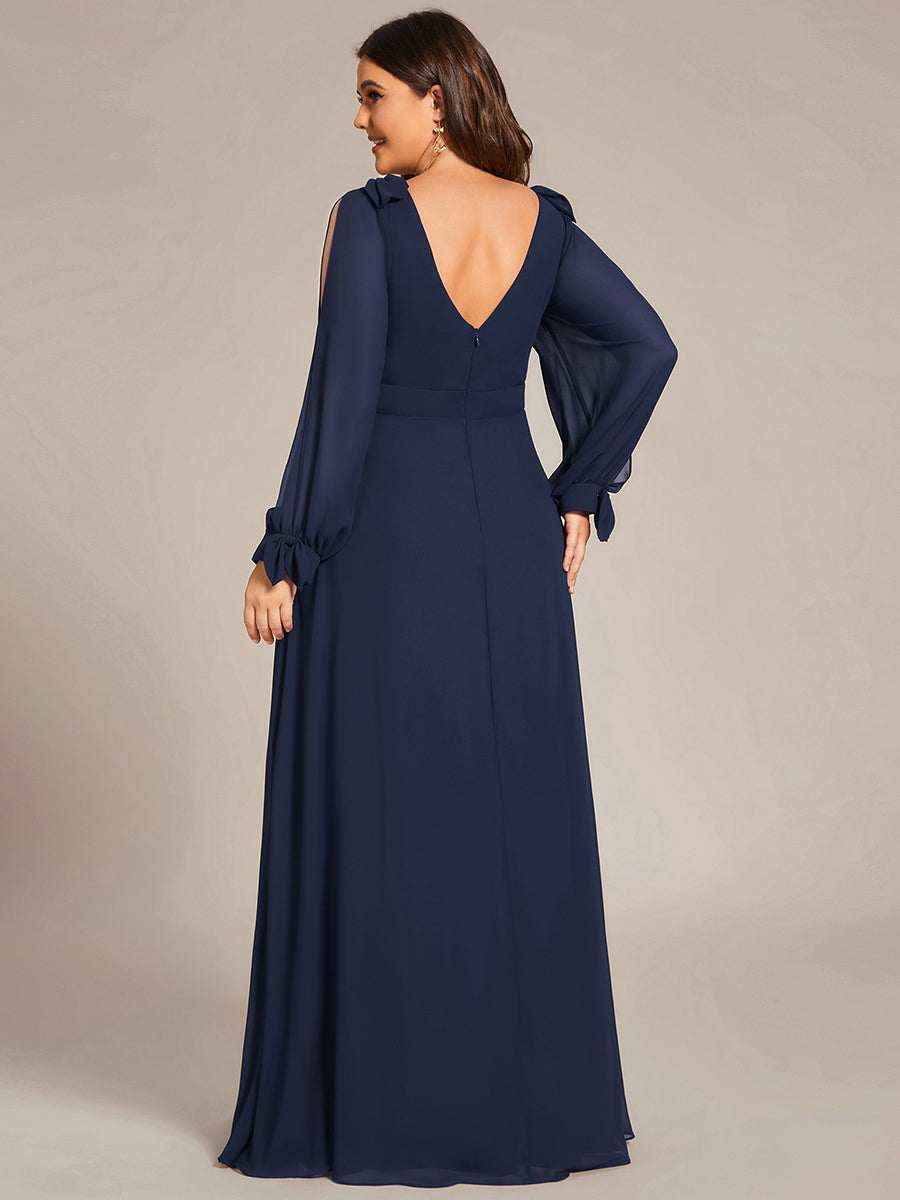 Color=Navy Blue  | Long Lantern Sleeves A Line V Neck Wholesale Bridesmaid Dresses-Navy Blue 3