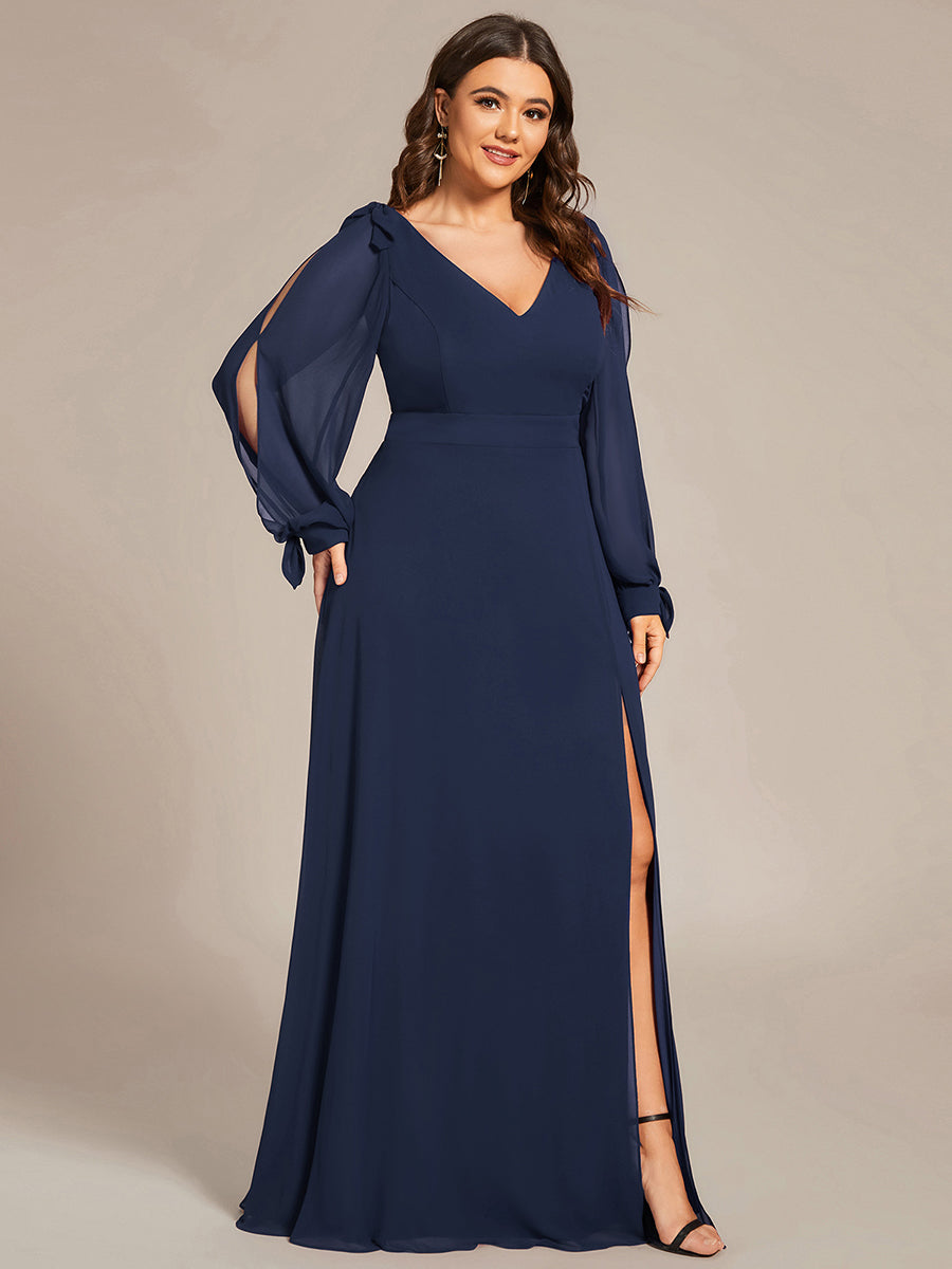 Color=Navy Blue  | Long Lantern Sleeves A Line V Neck Wholesale Bridesmaid Dresses-Navy Blue 2