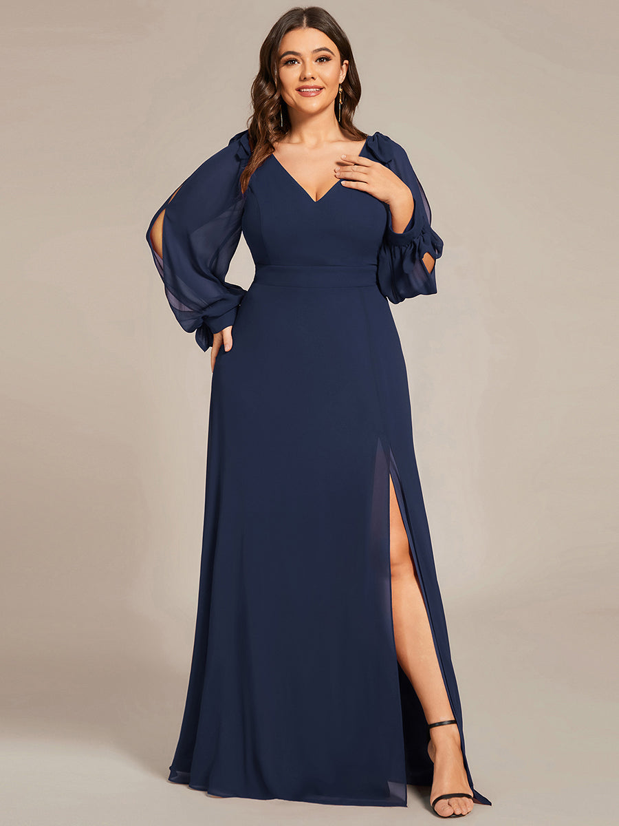 Color=Navy Blue  | Long Lantern Sleeves A Line V Neck Wholesale Bridesmaid Dresses-Navy Blue 4