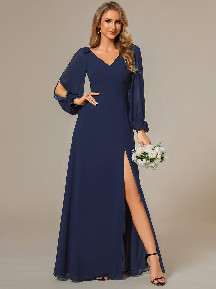Color=Navy Blue  | Long Lantern Sleeves A Line V Neck Wholesale Bridesmaid Dresses-Navy Blue 1