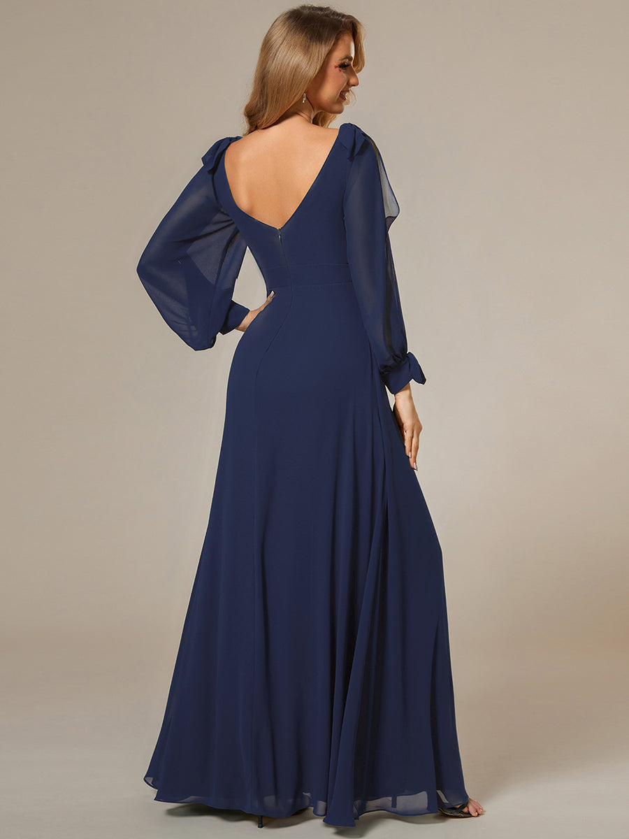 Color=Navy Blue  | Long Lantern Sleeves A Line V Neck Wholesale Bridesmaid Dresses-Navy Blue 2