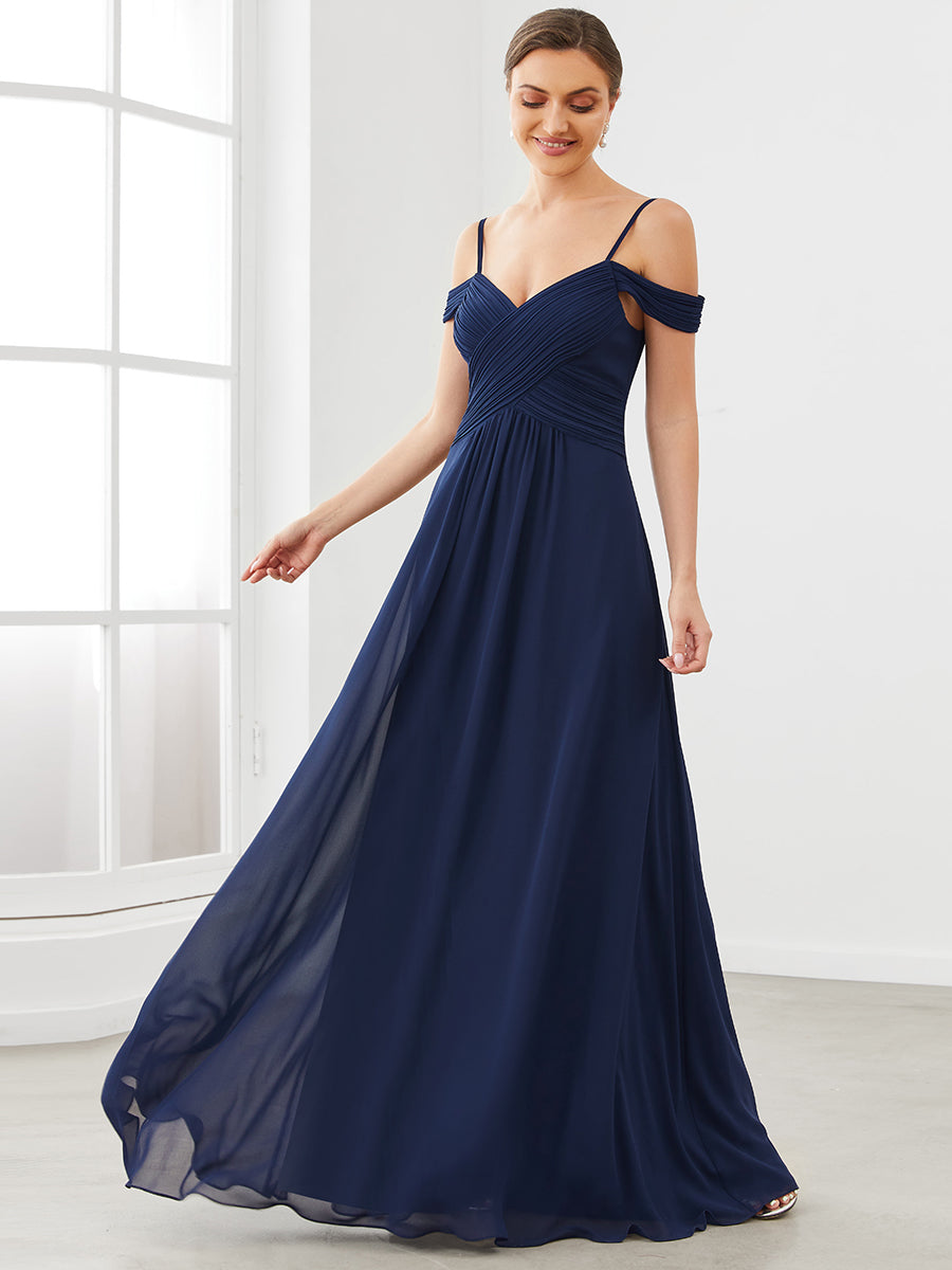Color=Navy Blue | A Line Off Shoulder Wholesale Chiffon Bridesmaid Dresses-Navy Blue 4