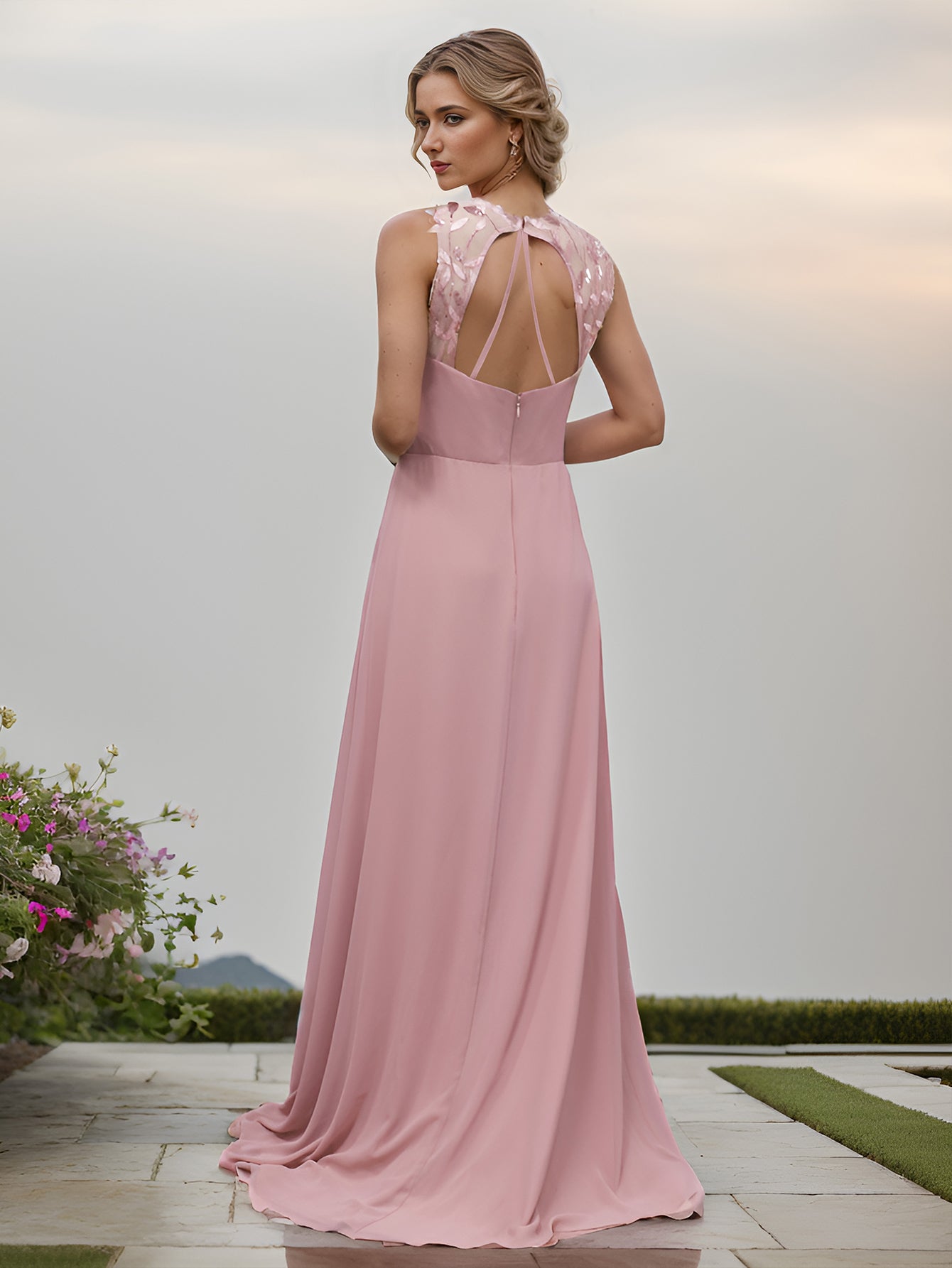 Color=Dusty Rose | Chiffon Round Neck Tie Backless Split Thigh Bridesmaids Dress-Dusty Rose 2