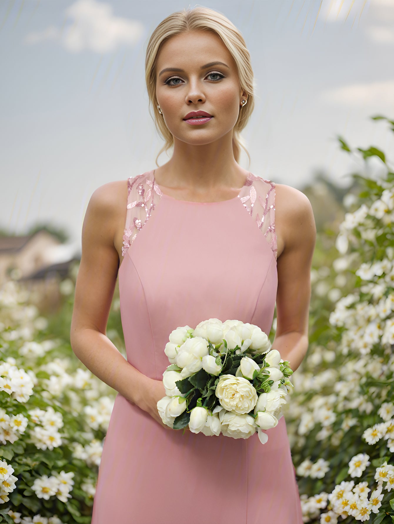 Color=Dusty Rose | Chiffon Round Neck Tie Backless Split Thigh Bridesmaids Dress-Dusty Rose 3
