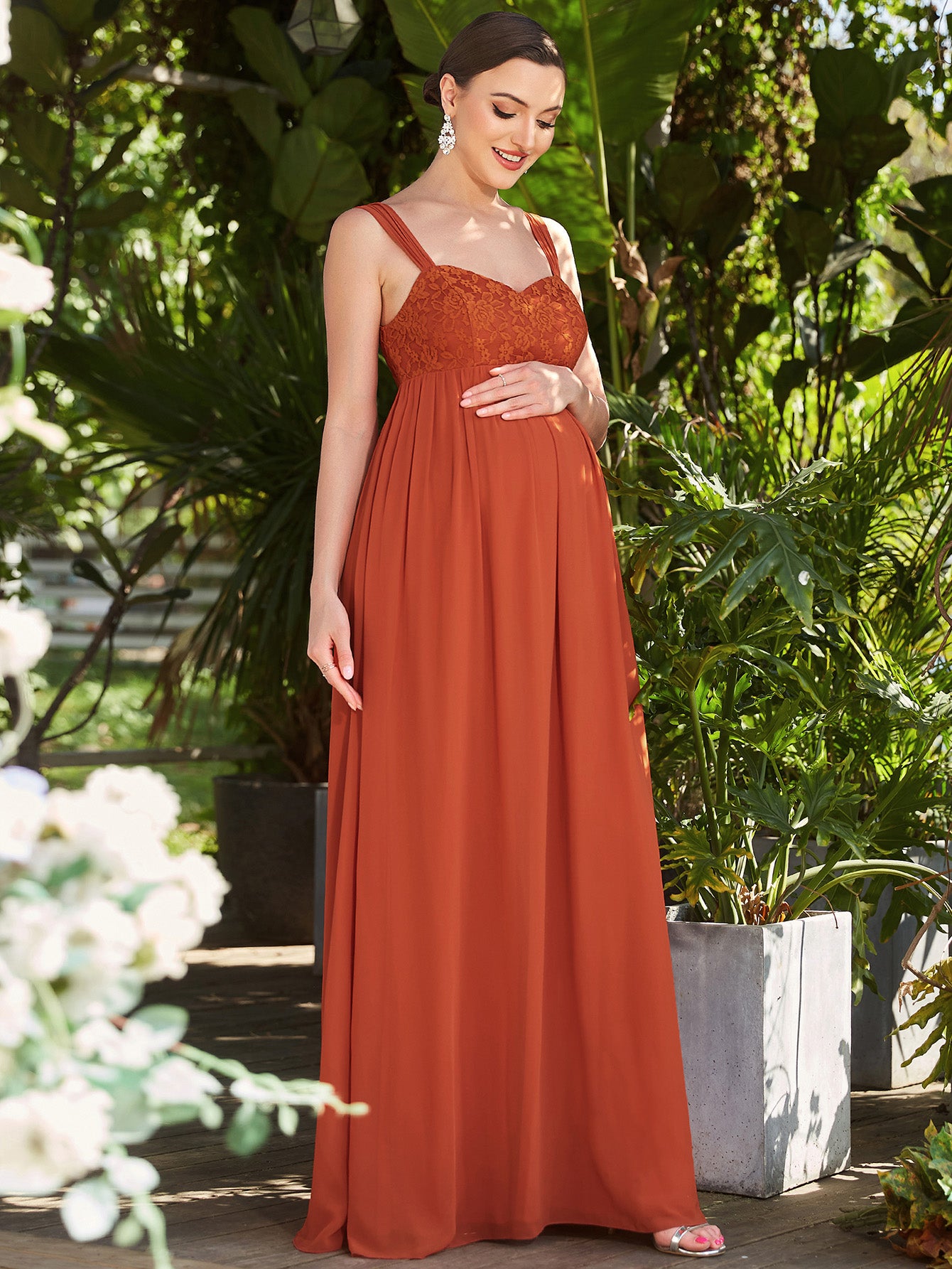 Color=Burnt Orange | Deep V Neck Lace Wholesale Maternity Dresses with A Line Silhouette-Burnt Orange 4