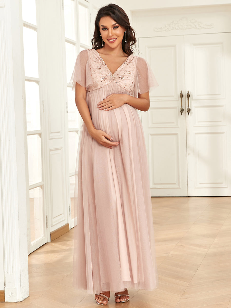 Color=Rose Gold | Deep V Neck See Through Ruffles Sleeves Wholesale Maternity Dresses-Rose Gold 1