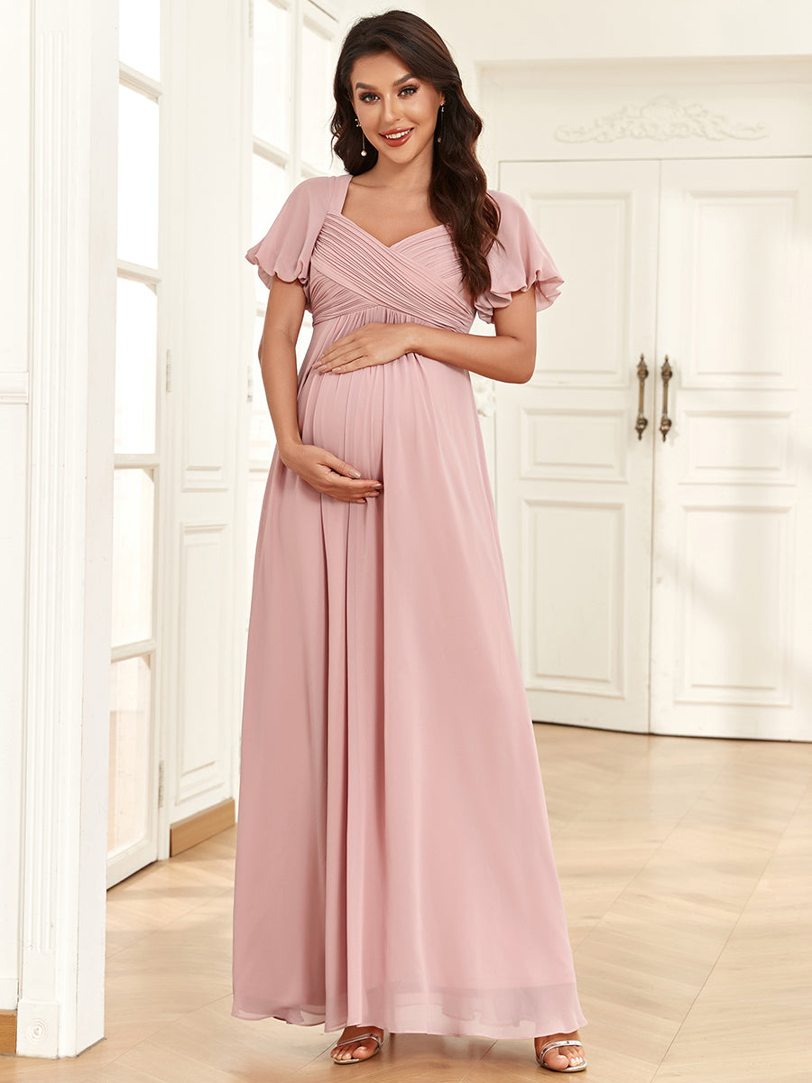 Color=Dusty Rose | Short Lantern Sleeves Deep V Neck A Line Wholesale Maternity Dresses-Dusty Rose 1