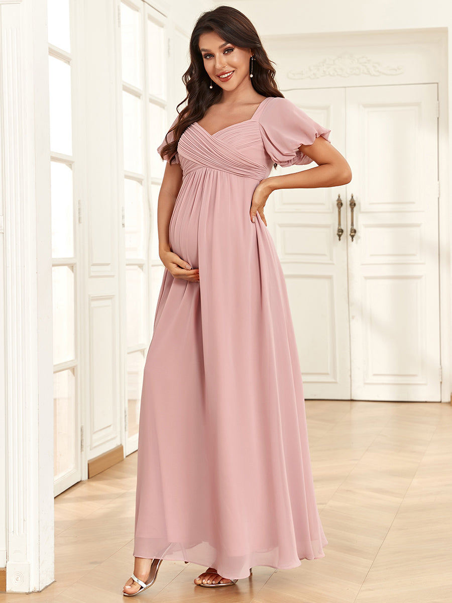 Color=Dusty Rose | Short Lantern Sleeves Deep V Neck A Line Wholesale Maternity Dresses-Dusty Rose 3