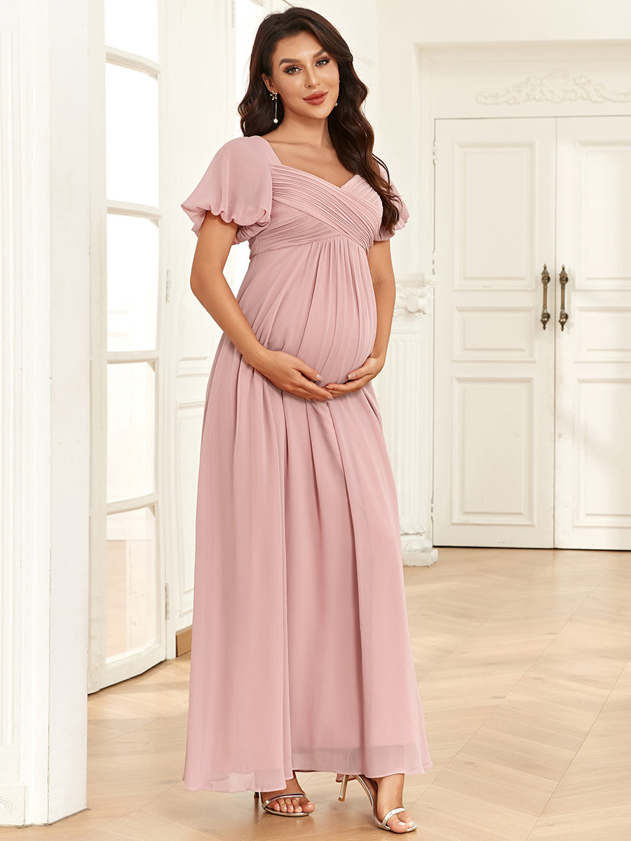 Color=Dusty Rose | Short Lantern Sleeves Deep V Neck A Line Wholesale Maternity Dresses-Dusty Rose 4