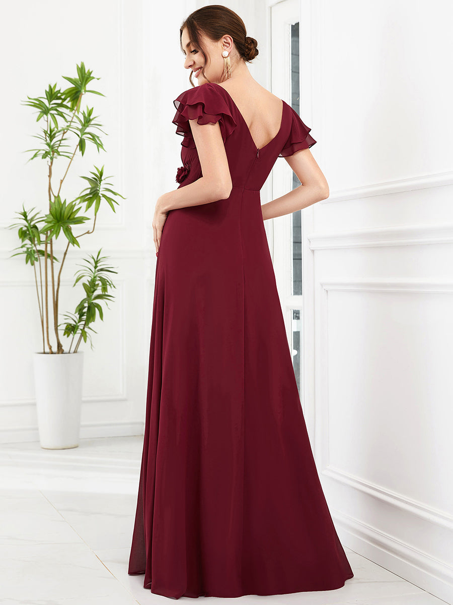 Color=Burgundy | Deep V Neck Short Ruffles Sleeves A Line Wholesale Maternity Dresses-Burgundy 2