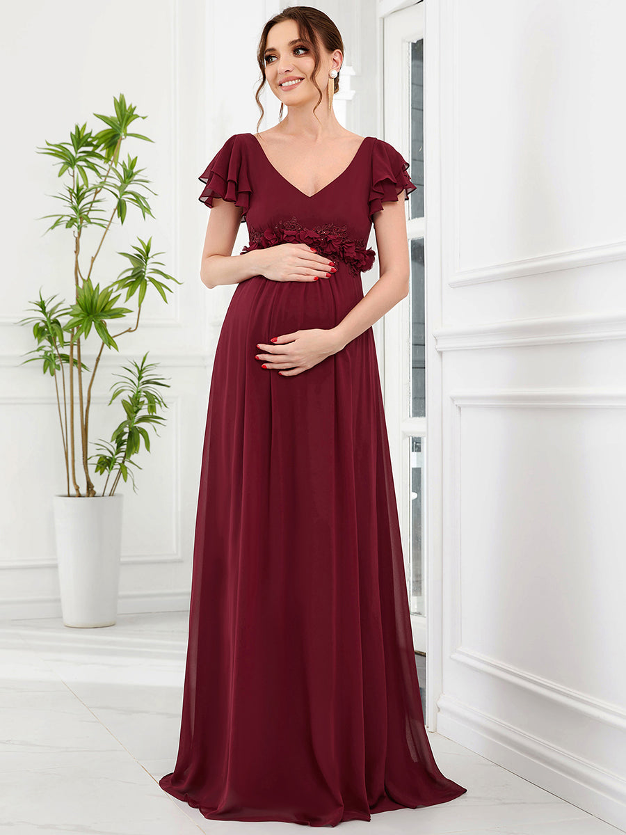 Color=Burgundy | Deep V Neck Short Ruffles Sleeves A Line Wholesale Maternity Dresses-Burgundy 3