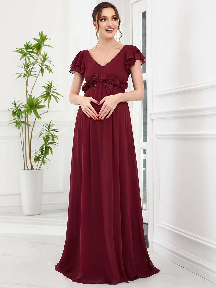 Color=Burgundy | Deep V Neck Short Ruffles Sleeves A Line Wholesale Maternity Dresses-Burgundy 4