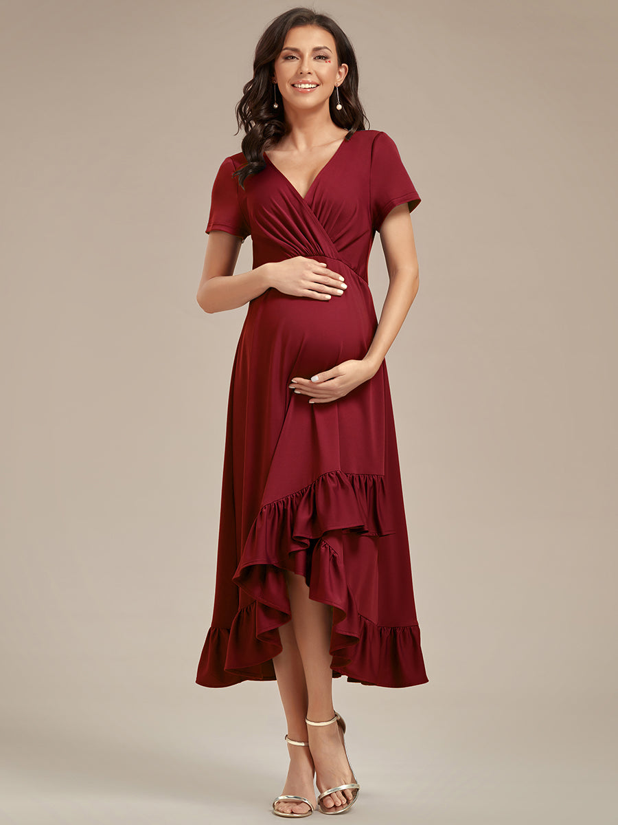 Color=Burgundy | High Low Ruffles Wholesale Maternity Dresses-Burgundy 1