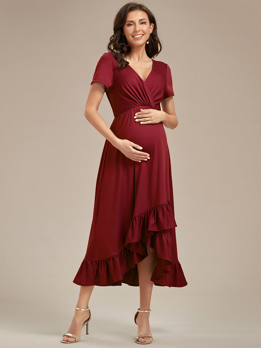 Color=Burgundy | High Low Ruffles Wholesale Maternity Dresses-Burgundy 3