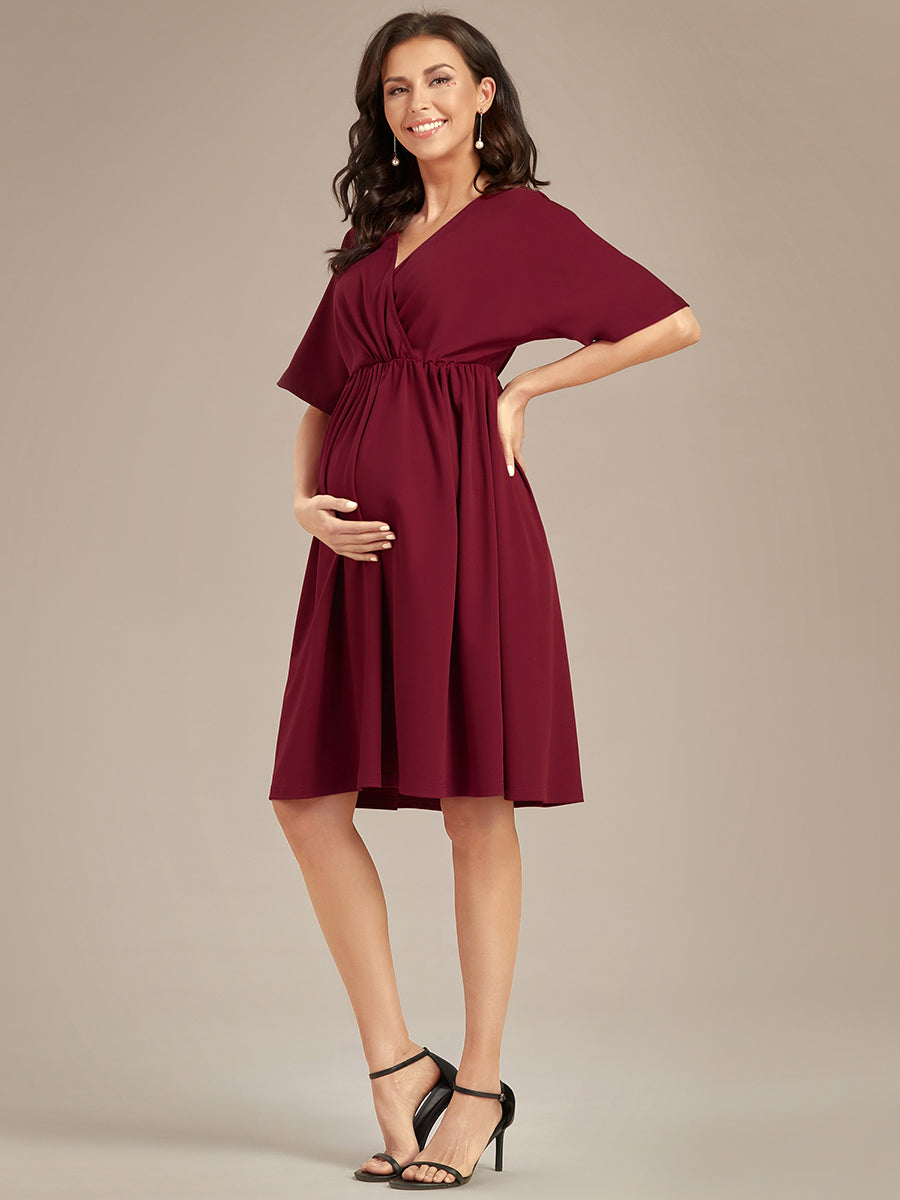 Color=Burgundy | V Neck Short Pleated Wholesale Maternity Dresses-Burgundy 4