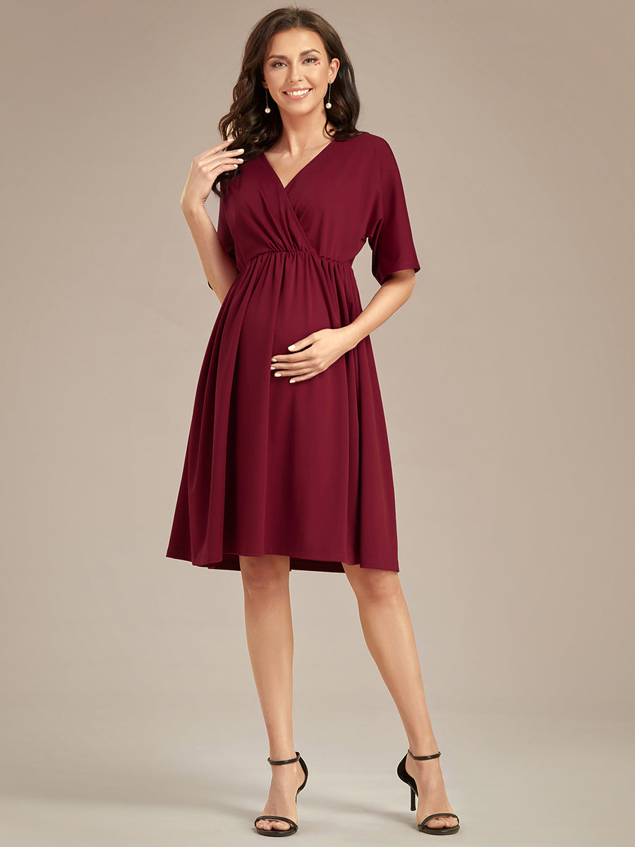Color=Burgundy | V Neck Short Pleated Wholesale Maternity Dresses-Burgundy 2