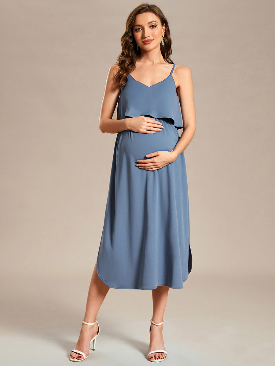 Color=Dusty Blue | Spaghetti Straps Ruffles Wholesale Maternity Dresses-Dusty Blue 4