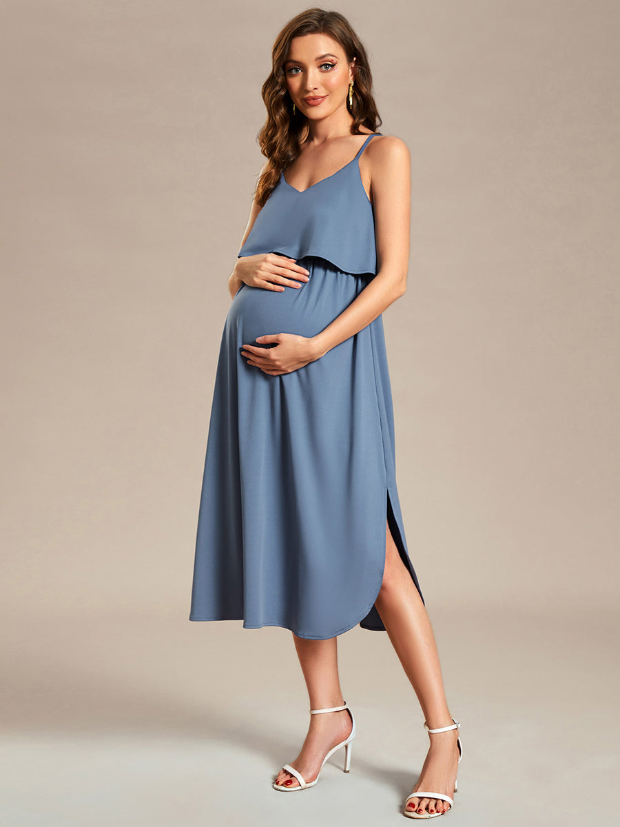 Color=Dusty Blue | Spaghetti Straps Ruffles Wholesale Maternity Dresses-Dusty Blue 2
