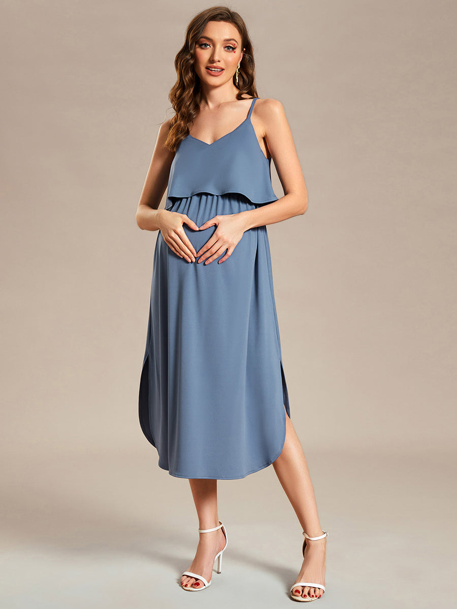 Color=Dusty Blue | Spaghetti Straps Ruffles Wholesale Maternity Dresses-Dusty Blue 1