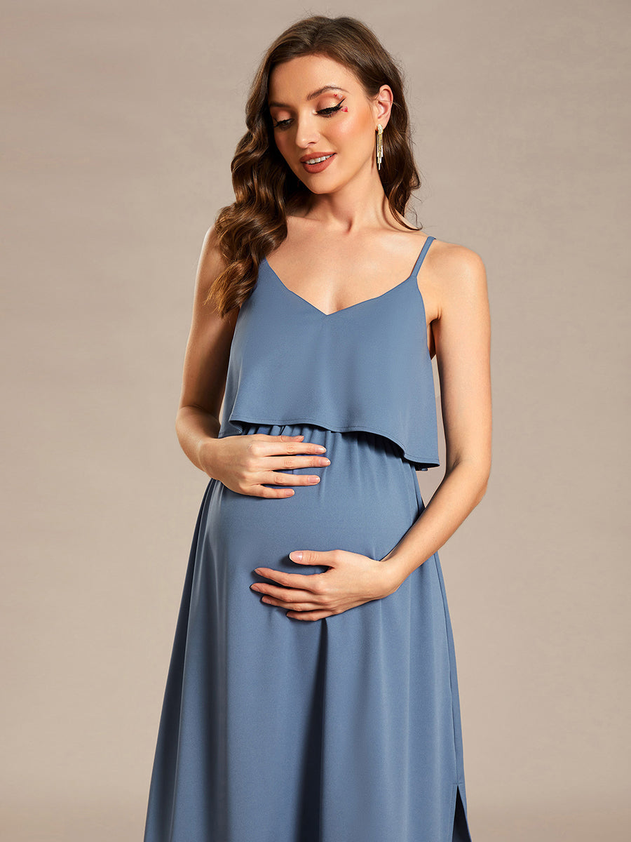 Color=Dusty Blue | Spaghetti Straps Ruffles Wholesale Maternity Dresses-Dusty Blue 5