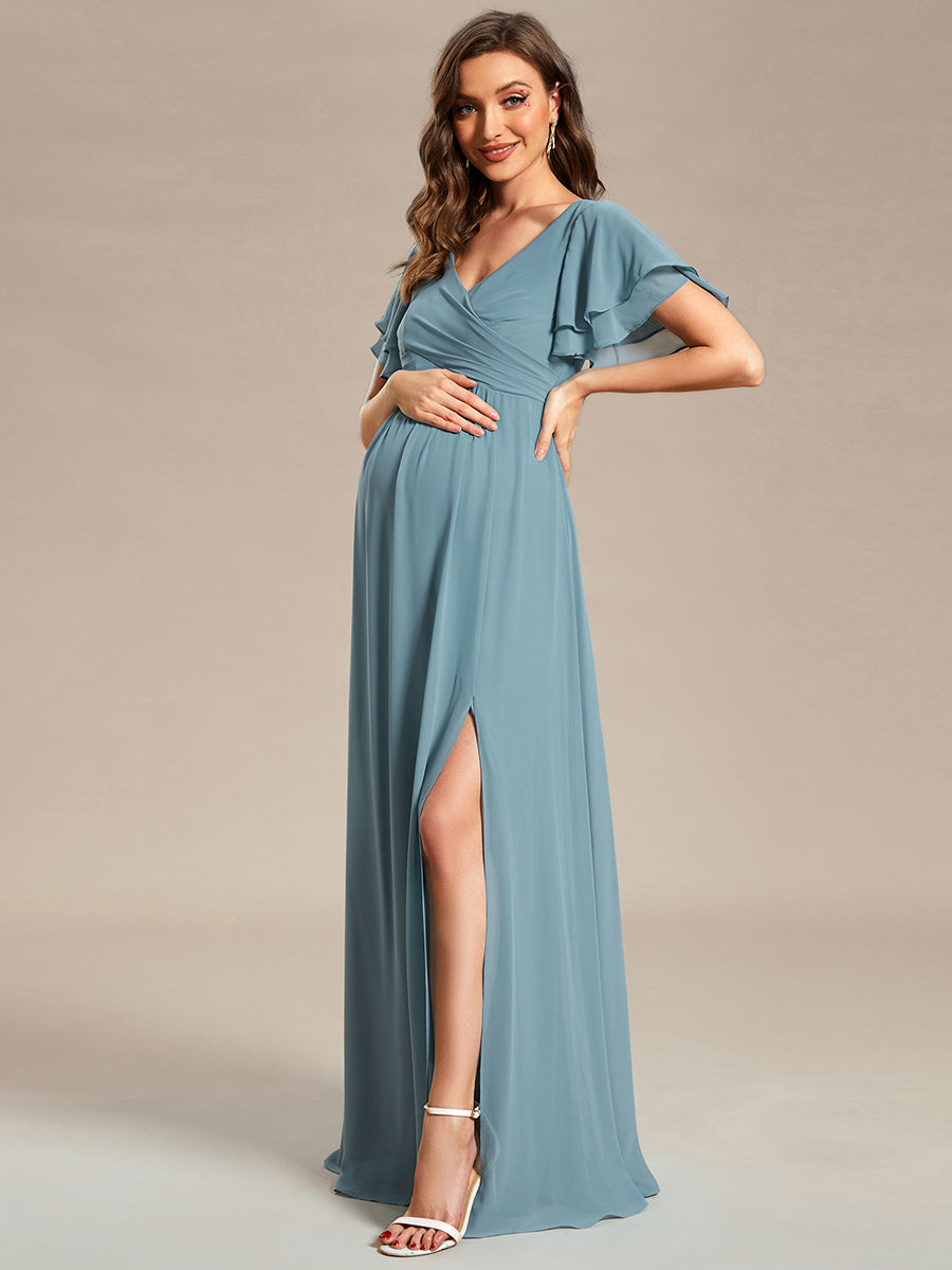 Color=Dusty blue | Ruffle Sleeves Split Chiffon Wholesale Maternity Dresses-Dusty blue 4