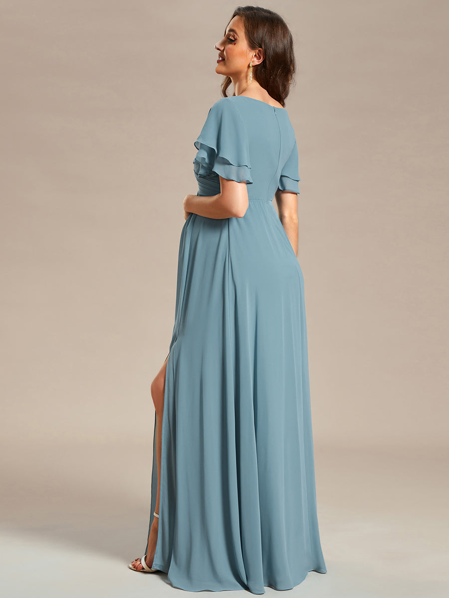 Color=Dusty blue | Ruffle Sleeves Split Chiffon Wholesale Maternity Dresses-Dusty blue 3