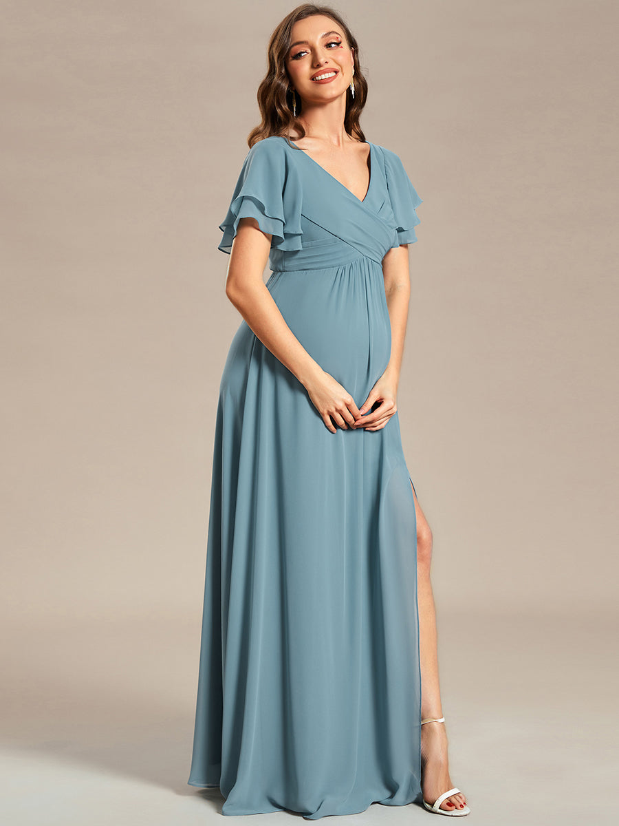 Color=Dusty blue | Ruffle Sleeves Split Chiffon Wholesale Maternity Dresses-Dusty blue 2